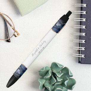 Elegant Agate Blue Gold Wedding Keepsake Ink Pen