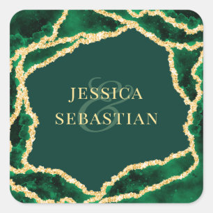 Elegant Agate Geode Emerald Green & Gold Wedding Square Sticker