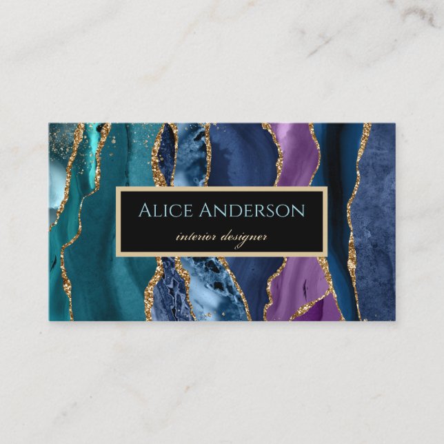 Elegant Agate gold blue green black designer Busin Business Card (Front)