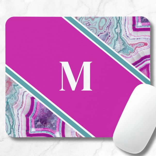 Elegant Agate Initial Monogram Mouse Mat (Girly Teal Purple Agate Stone Initial Monogram Mouse Pad)