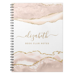 Elegant Agate Marble Personalised Coral Gold Notebook