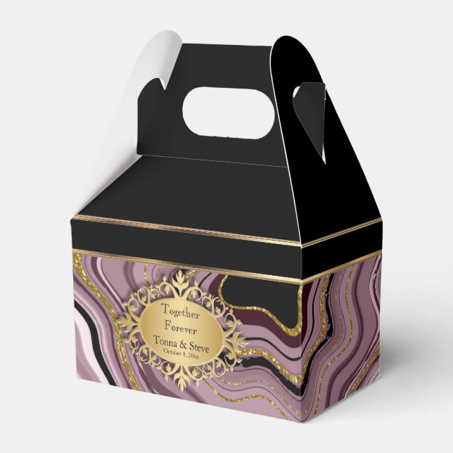 Elegant Agate Marble with Mauve, Black and Gold Favour Box (Front Side)
