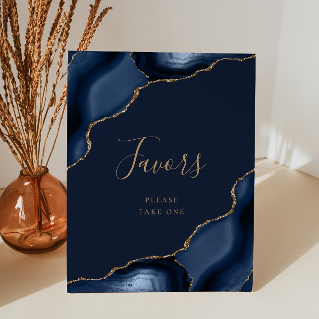 Elegant Agate Navy Blue Gold Wedding Favours Pedestal Sign (Creator Uploaded)