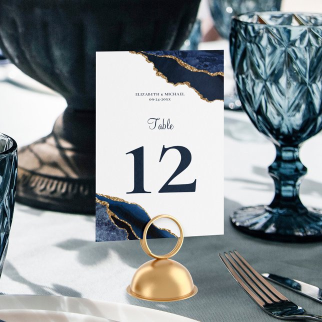 Elegant Agate Navy Blue White Wedding Table Number (Creator Uploaded)