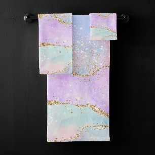 Elegant Agate   Pretty Easter Pastel Glold Glitter Bath Towel Set
