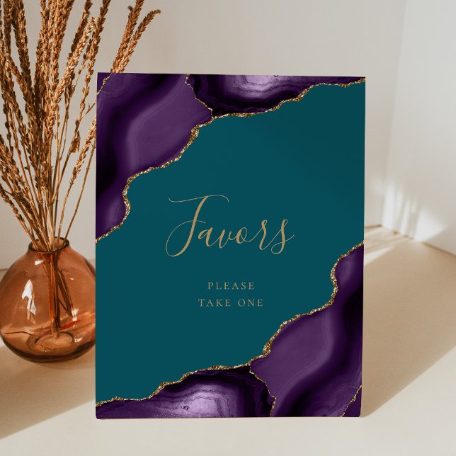 Elegant Agate Purple Gold Teal Wedding Favours Pedestal Sign (Creator Uploaded)