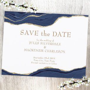 Elegant Agate Save the Date Navy Blue Gold Glitter Postcard