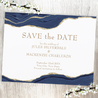Elegant Agate Save the Date Navy Blue Gold Glitter Postcard
