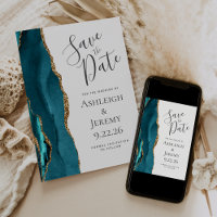 Elegant Agate Teal Blue Gold Save the Date