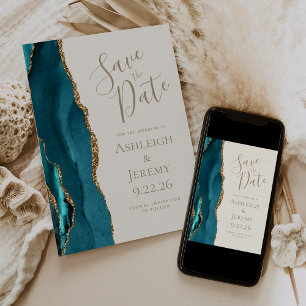 Elegant Agate Teal Gold Ivory Save the Date Invitation