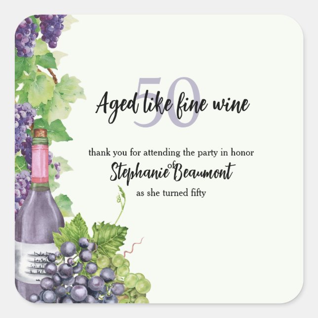 Elegant Aged Like Fine Wine 50th Birthday Party Square Sticker (Front)