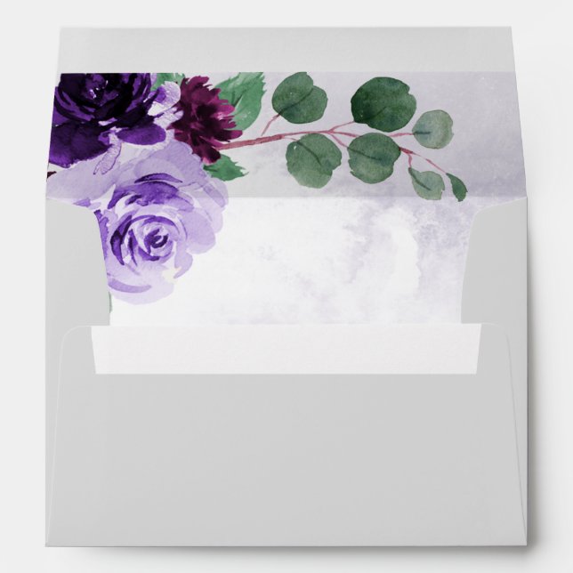 Elegant Airy Boho Floral Purple and Silver Wedding Envelope (Back (Bottom))