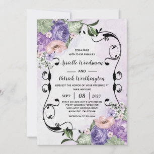 # Elegant Airy Boho Floral Purple & Silver Wedding Invitation