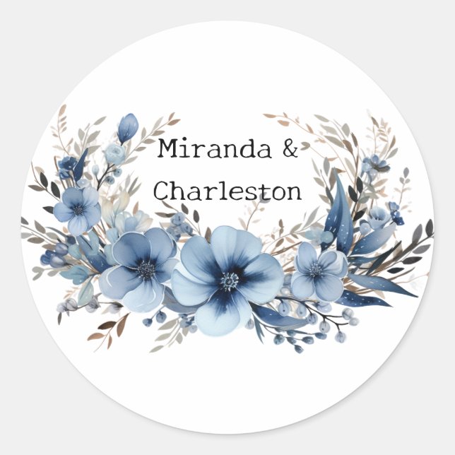 Elegant Airy Dusty Blue Floral Wedding Classic Round Sticker (Front)