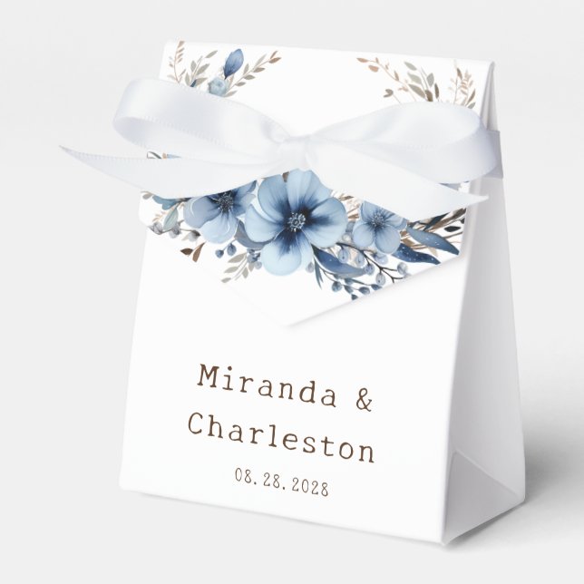 Elegant Airy Dusty Blue Floral Wedding Favour Box (Front Side)