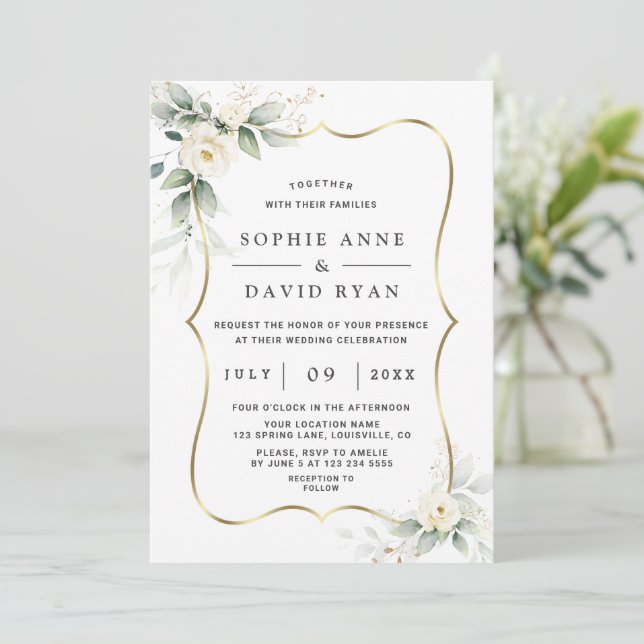Elegant Airy Greenery White Flowers Gold Wedding   Invitation (Standing Front)