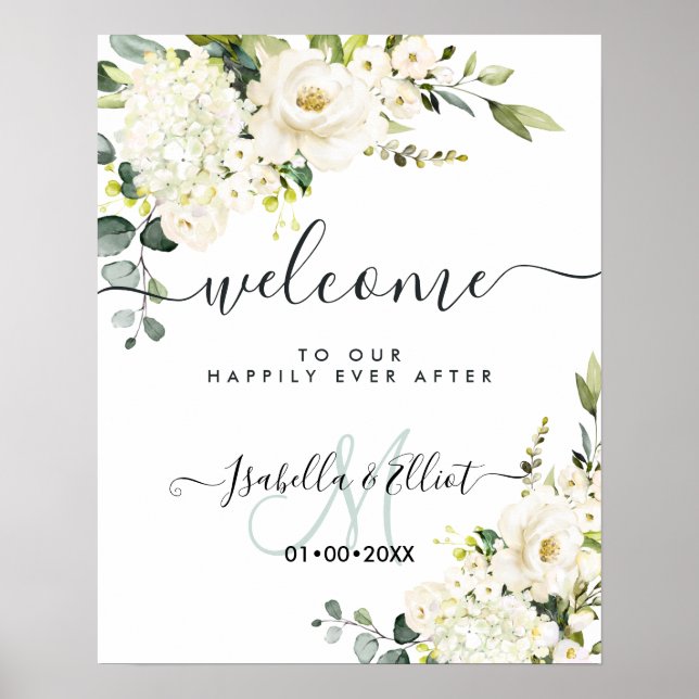 Elegant Alabaster Roses Hydrangea Welcome Poster (Front)