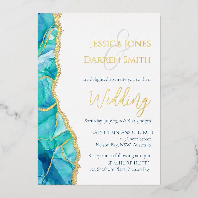 Elegant Alcohol Ink Blue Gold Wedding (Front)