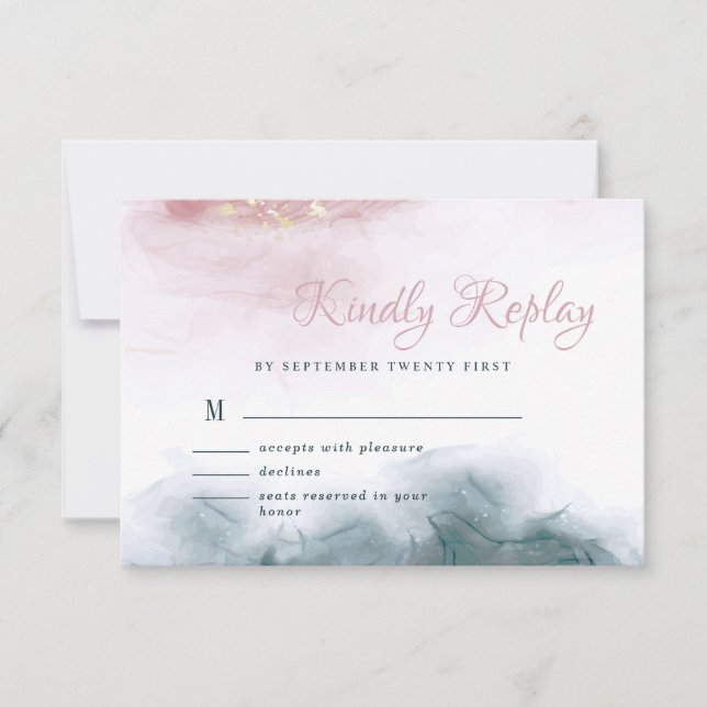Elegant Alcohol Ink Blush Blue Watercolor Modern RSVP Card (Front)