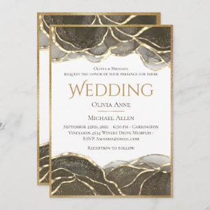 Elegant Alcohol Ink Gold Black Wedding Invitation