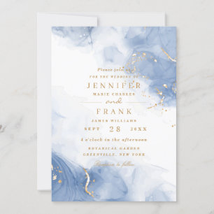 Elegant Alcohol Ink Gold Blue Minimal Modern White Invitation
