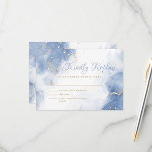 Elegant Alcohol Ink Gold Blue Minimal Modern White RSVP Card