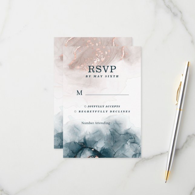 Elegant Alcohol Ink Gold Blush Blue Minimal Modern RSVP Card (Front/Back In Situ)