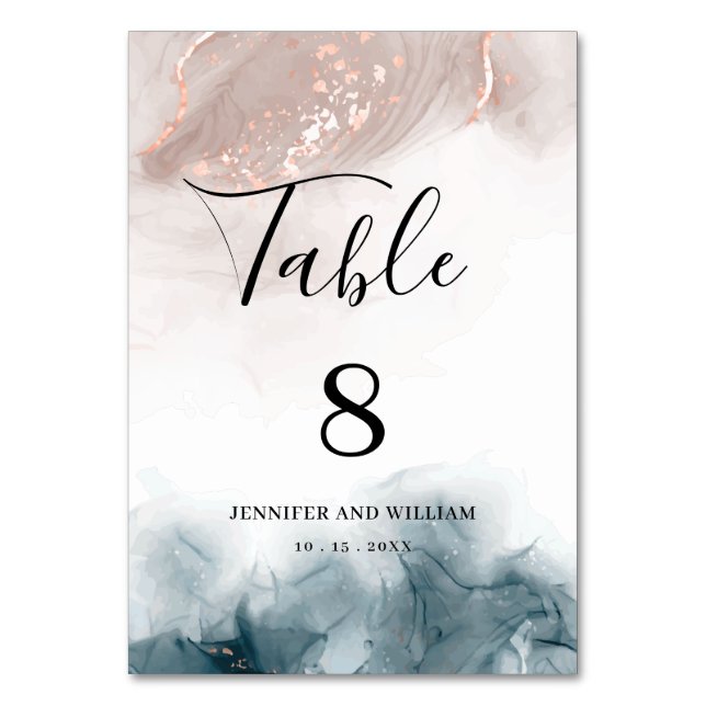 Elegant Alcohol Ink Gold Blush Blue Minimal Modern Table Number (Front)