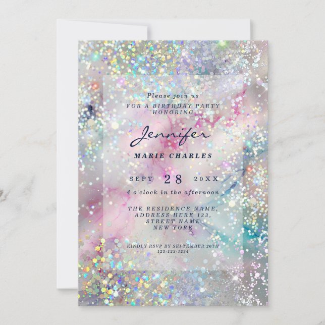 Elegant Alcohol Ink Holographic Glitter Birthday Invitation (Front)
