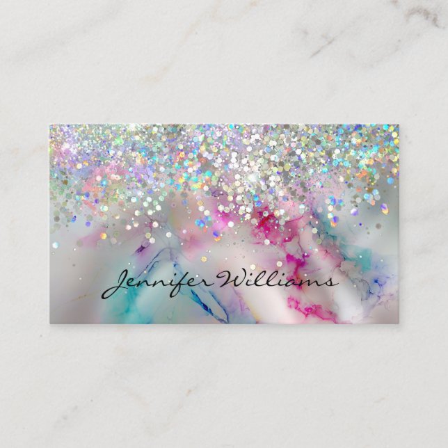 Elegant Alcohol Ink Holographic Glitter Black Business Card (Front)