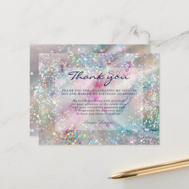 Elegant Alcohol Ink Holographic Glitter Thank You Postcard (Front/Back In Situ)