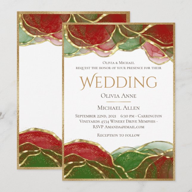 Elegant Alcohol Ink Red Green Holiday Wedding Invitation (Front/Back)