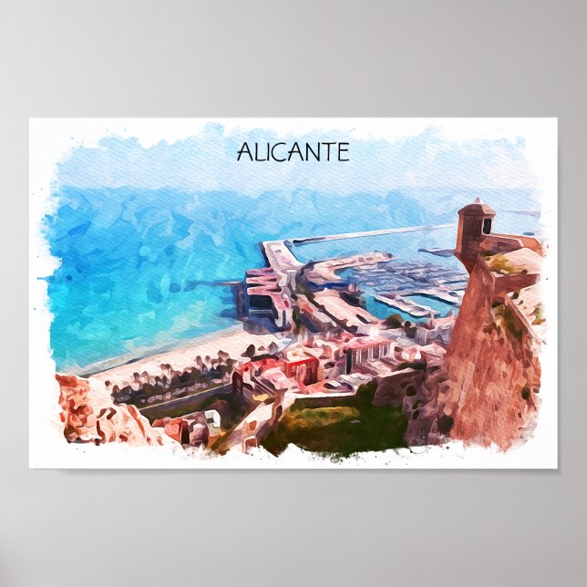 Elegant Alicante Spain Panorama Watercolor Poster (Front)