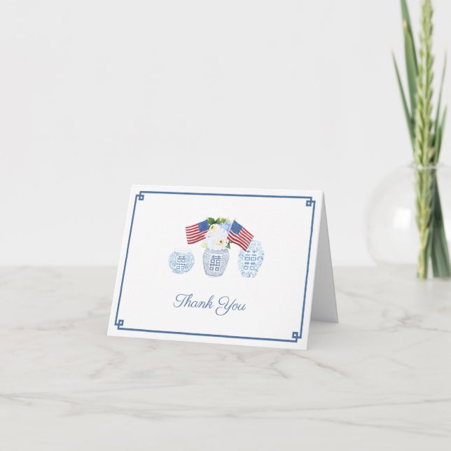 Elegant All-American Red White Blue Ginger Jar Thank You Card (Front)