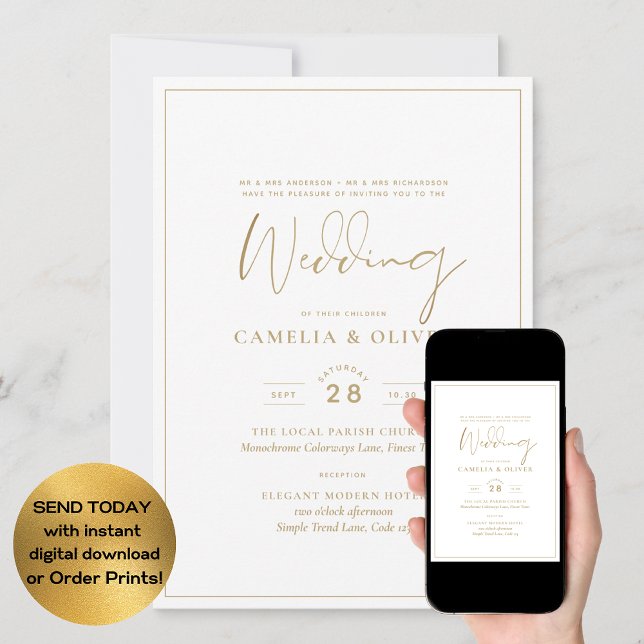 Elegant All-in-1 Classic Gold Text White Wedding Invitation (Creator Uploaded)