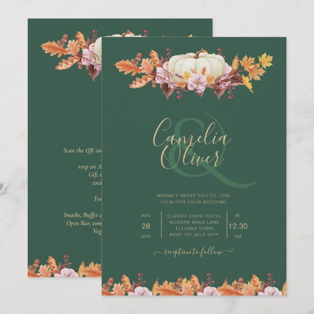 ELEGANT All-in-1 Fall Pumpkin Green Gold Wedding Invitation (Front/Back)
