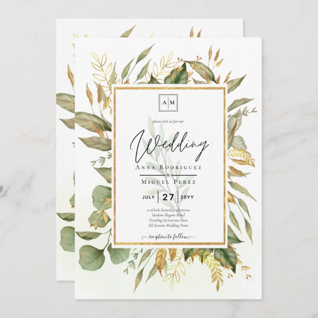 Elegant All-in-1 Greenery Gold Leaves  Wedding Invitation (Front/Back)