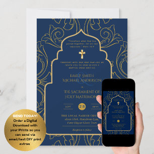 Elegant All-in-1 Navy Blue Gold Catholic Wedding Invitation