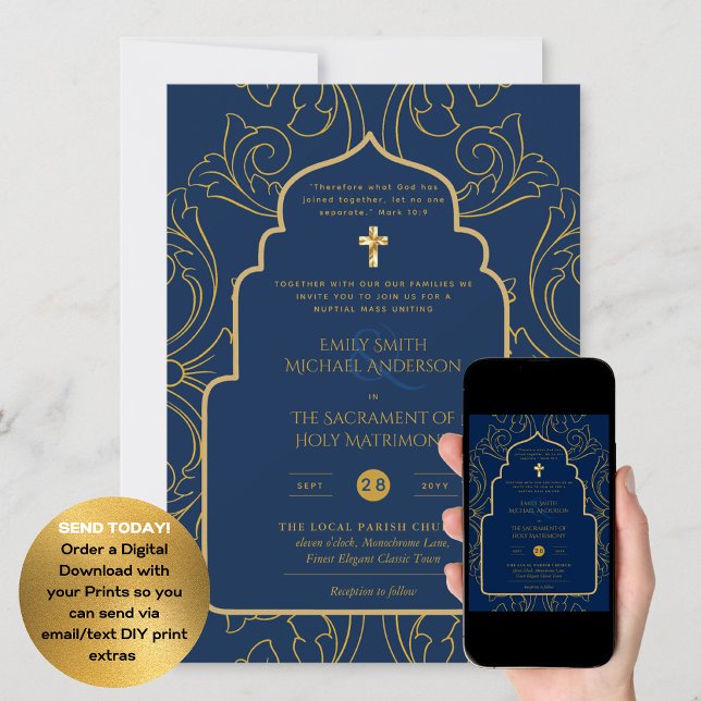 Elegant All-in-1 Navy Blue Gold Catholic Wedding Invitation (Creator Uploaded)