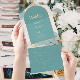 Elegant All-in-1 Sea Glass Teal Gold Arch QR Code All In One Invitation