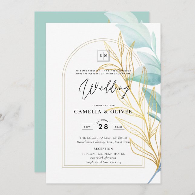 Elegant All-in-1 Sea Glass Teal Gold Leaf Wedding Invitation (Front/Back)