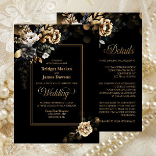 Elegant All In One Black Gold Floral Wedding Invitation