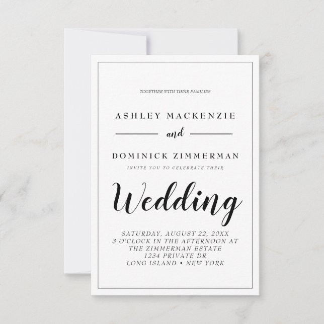 Elegant All In One Black Script Wedding   Invitati Invitation (Front)