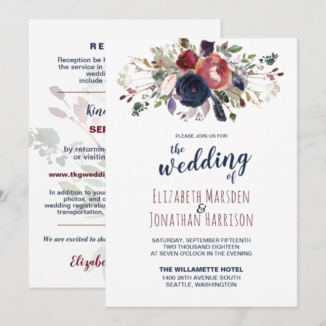 Elegant All In One Burgundy Navy Rose Gold Wedding Invitation (Front/Back)