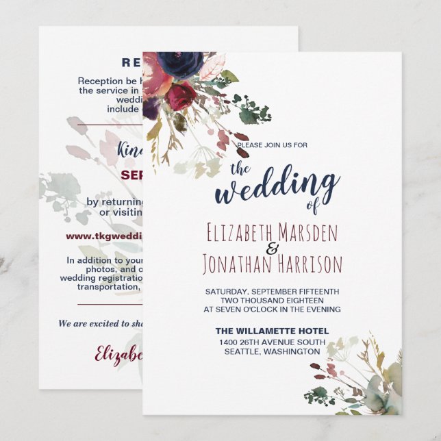 Elegant All In One Burgundy Navy Rose Gold Wedding Invitation (Front/Back)