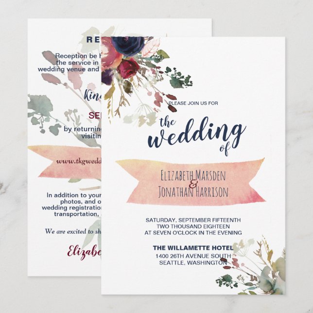Elegant All In One Burgundy Navy Rose Gold Wedding Invitation (Front/Back)