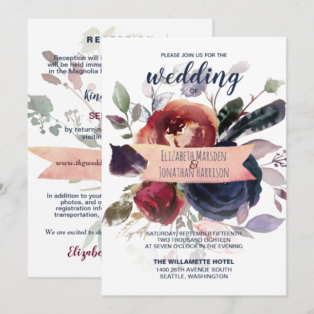 Elegant All In One Burgundy Navy Rose Gold Wedding Invitation (Front/Back)