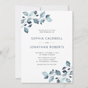 Elegant All in One Dusty Blue Eucalyptus Wedding Invitation