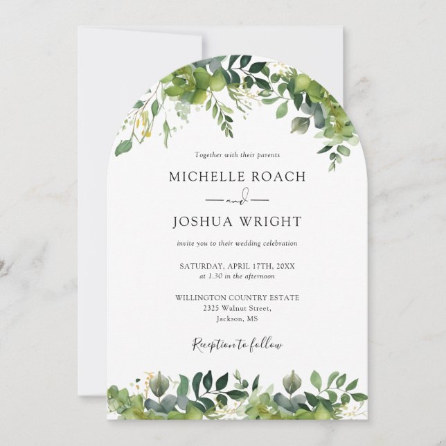 Elegant All In One Greenery Floral Arch Wedding Invitation (Front)