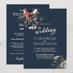 Elegant All In One Navy Burgundy Rose Gold Wedding Invitation